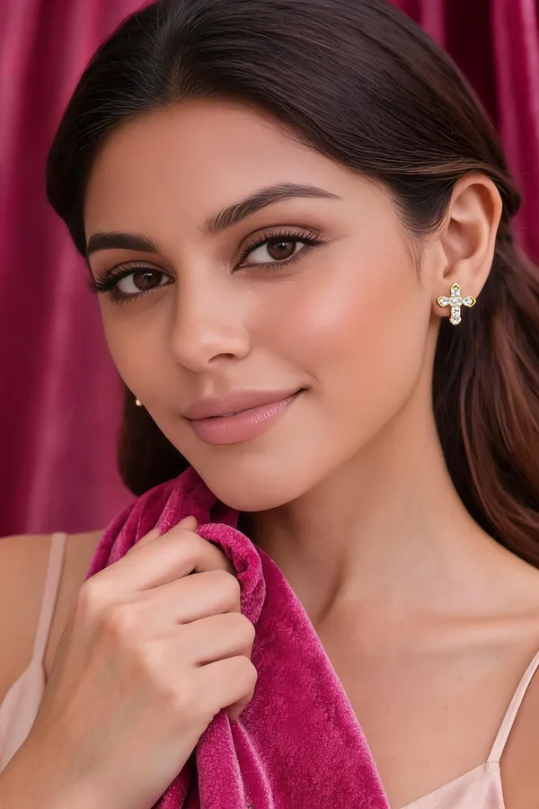 Gold_Cross_Embellished_Magenta_Stud_Earrings_for_Women