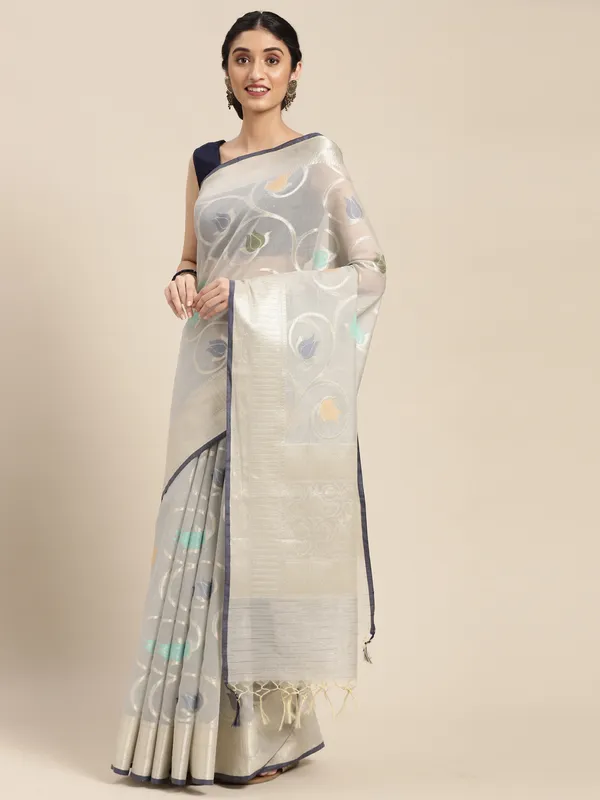 Grey_Masrise_Cotton/Cotton_Banarasi_Sarees_For_Women