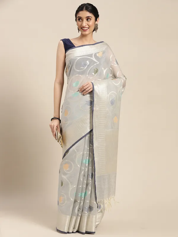 Grey_Masrise_Cotton/Cotton_Banarasi_Sarees_For_Women