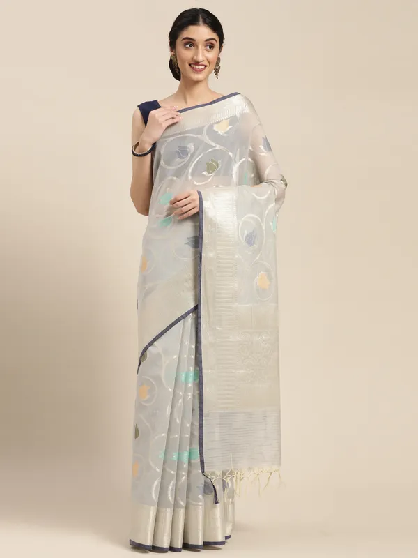 Grey_Masrise_Cotton/Cotton_Banarasi_Sarees_For_Women