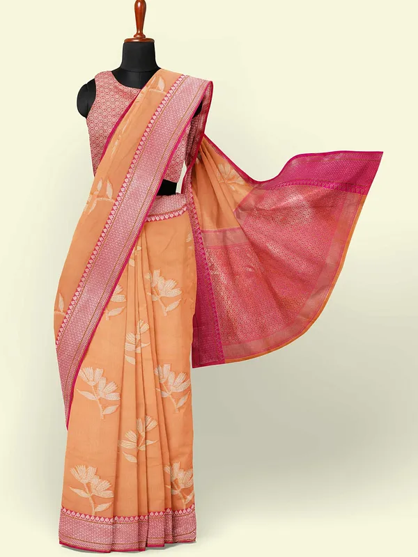 Orange_Cotton_Blend_Banarasi_Sarees_For_Women