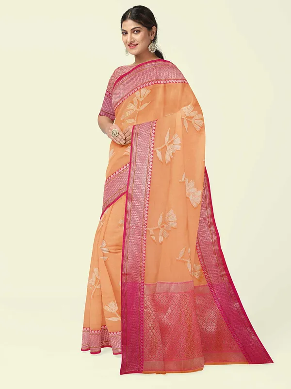 Orange_Cotton_Blend_Banarasi_Sarees_For_Women