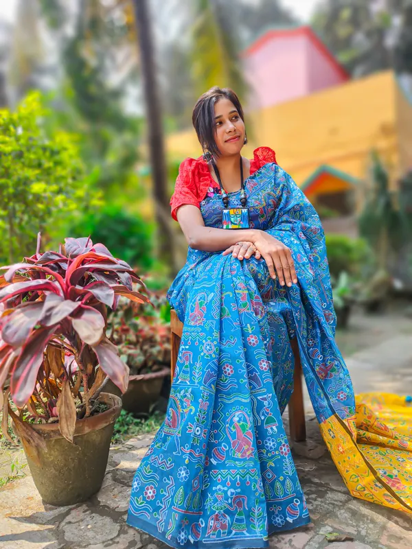 Blue_Madhubani_Cotton_Silk_Printed_Saree