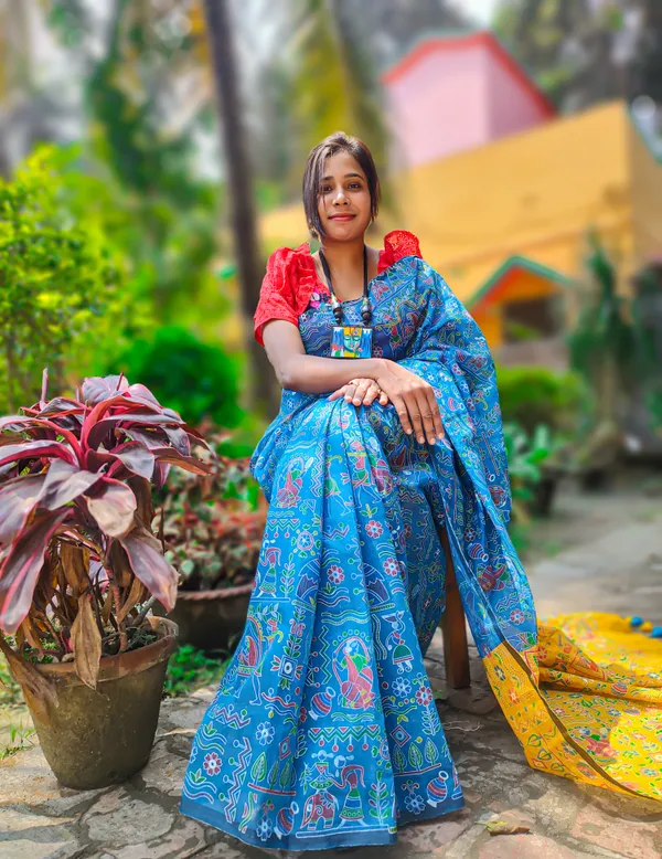 Blue_Madhubani_Cotton_Silk_Printed_Saree