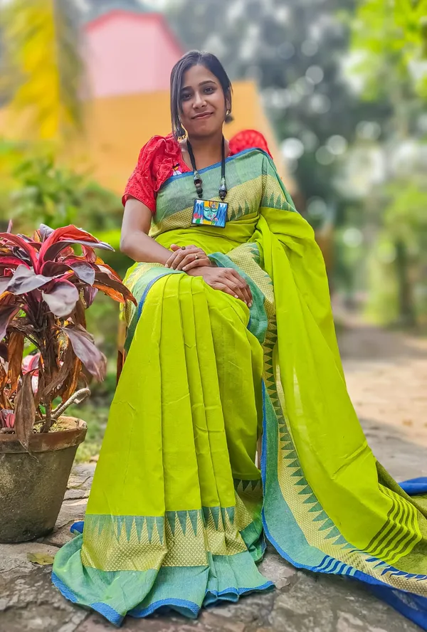 Lemon_Yellow_Net_Pom_Pom_Cotton_Handloom_Vomri_Saree_With_Blouse_Piece