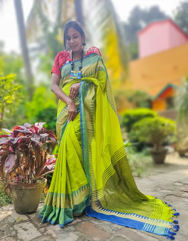 Lemon_Yellow_Net_Pom_Pom_Cotton_Handloom_Vomri_Saree_With_Blouse_Piece