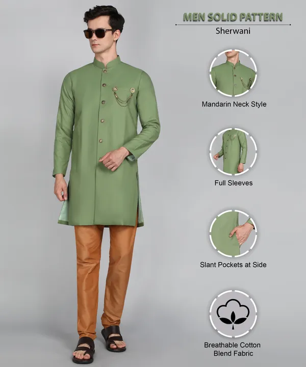 Solid_Ocean_Green_Cotton_Blend_Nawabi_With_Paijama