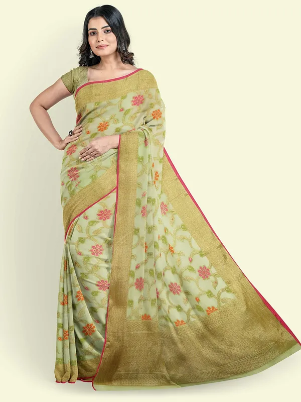 Green_Cotton_Blend_Banarasi_Sarees_For_Women