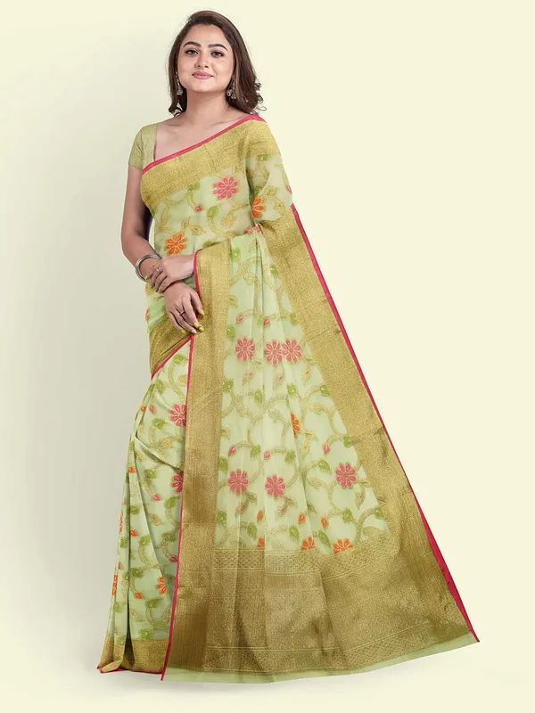 Green_Cotton_Blend_Banarasi_Sarees_For_Women