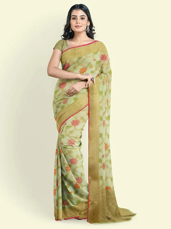Green_Cotton_Blend_Banarasi_Sarees_For_Women