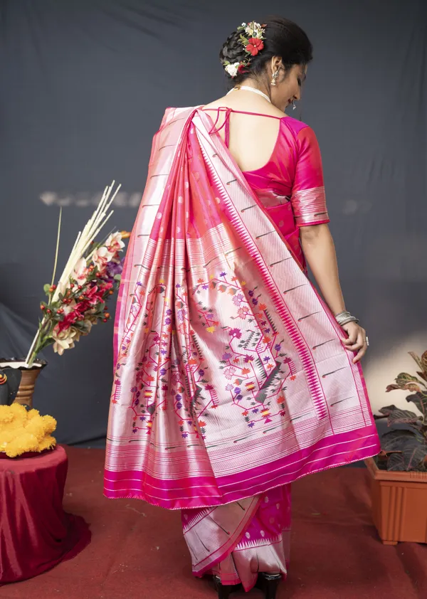 Pink_Pure_Silver_Zari_Paithani_Silk_Saree_With_Rich_Pallu_And_Unstiched_Blouse_Piece.