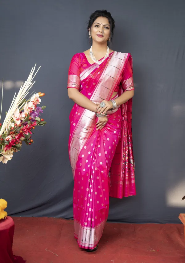 Pink_Pure_Silver_Zari_Paithani_Silk_Saree_With_Rich_Pallu_And_Unstiched_Blouse_Piece.