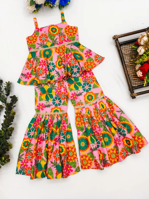 Pink_Spaghetti_Straps_Floral_Printed_Multicolour_Top_And_Sharara_Set