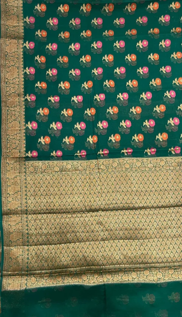 Humairah_Presents_Pure_Handloom_Dark_Green_Chiffon_Floral_Mina_Zari_Booti_with_Copper_Zari_Border_and_Pallu_and_Dark_green_Blouse