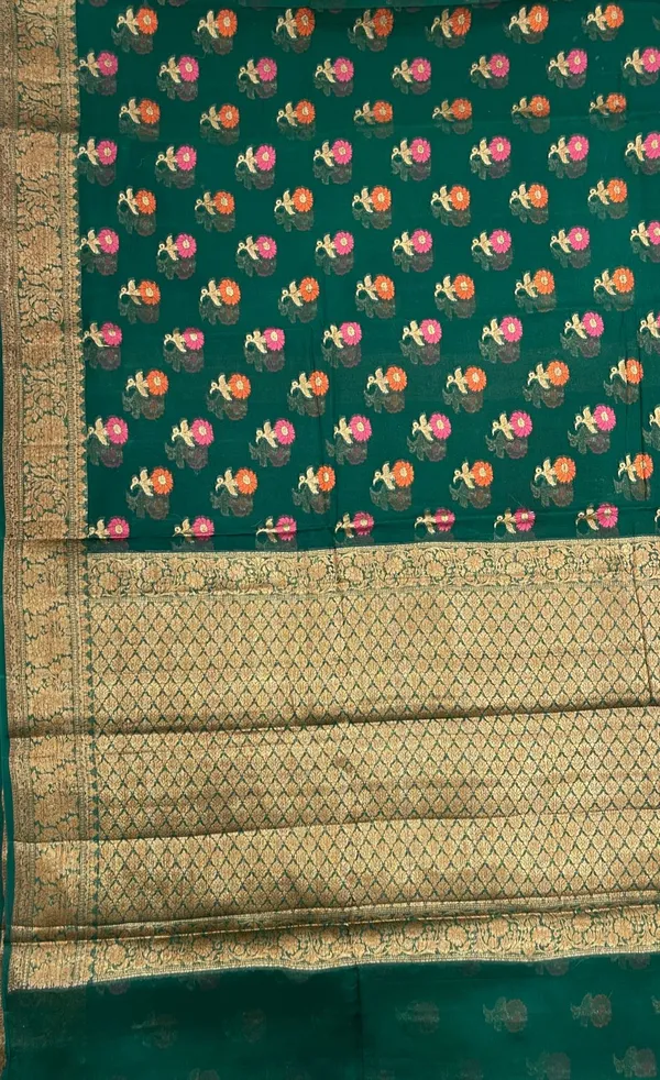 Humairah_Presents_Pure_Handloom_Dark_Green_Chiffon_Floral_Mina_Zari_Booti_with_Copper_Zari_Border_and_Pallu_and_Dark_green_Blouse