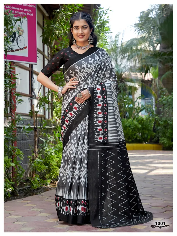 Ikkat_Hand_Block_Print_Print_Pure_Soft_Cotton_saree_With_Blouse_Piece