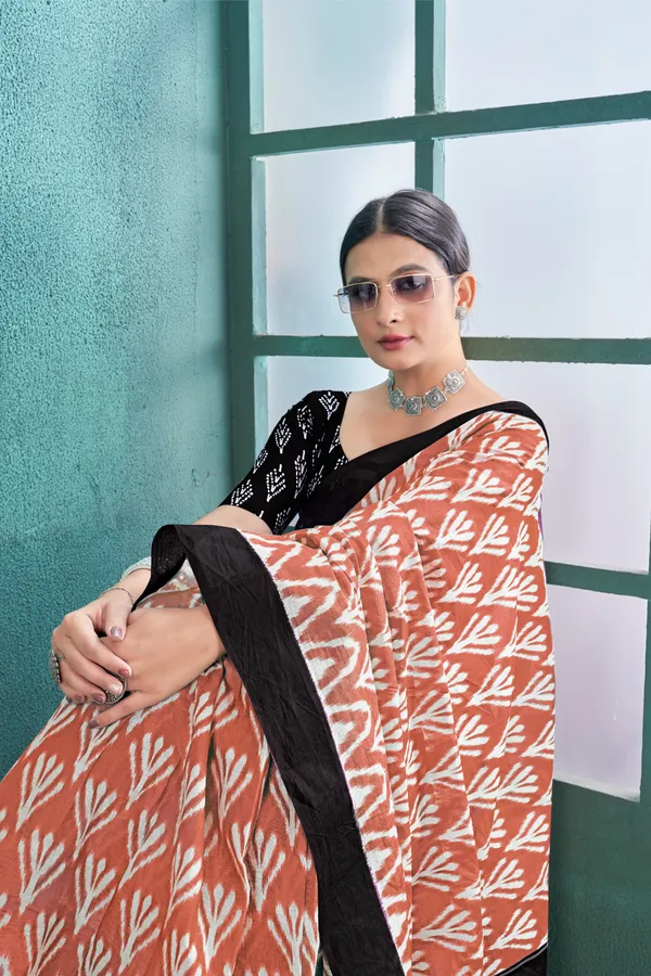 Ikkat_Print_Pure_Soft_Cotton_saree_With_Blouse_Piece