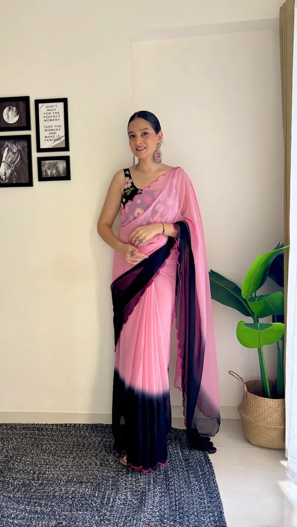 Pink_&_Black_Georgette_Saree_With_Embroidered_Blouse