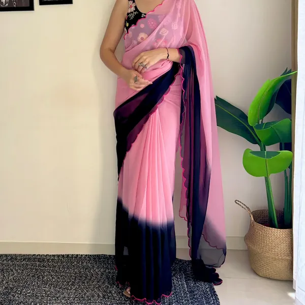 Pink_&_Black_Georgette_Saree_With_Embroidered_Blouse