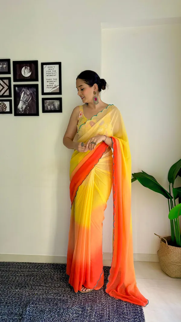 Yellow_&_Orange_Georgette_Saree_With_Embroidered_Blouse_For_Women