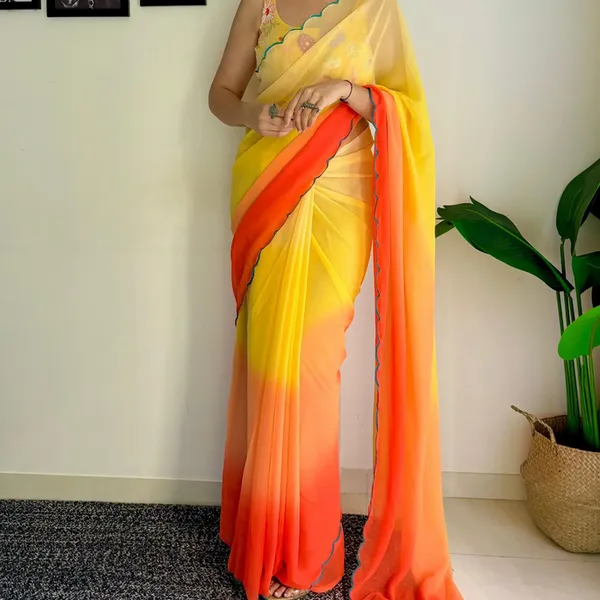 Yellow_&_Orange_Georgette_Saree_With_Embroidered_Blouse_For_Women