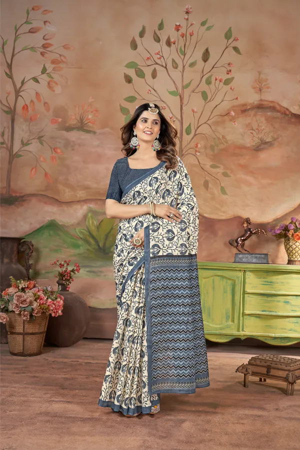 Ikkat_Print_Pure_Soft_Cotton_saree_With_Blouse_Piece