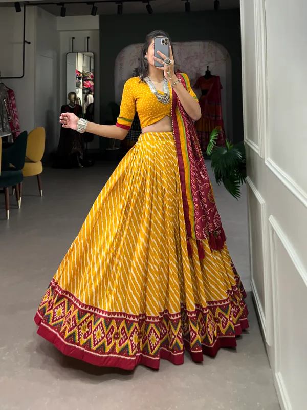 Yellow_Color_Leheriya_With_Patola_Print_Tussar_Silk_Lehenga_Choli
