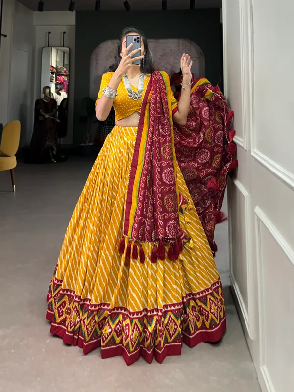 Yellow_Color_Leheriya_With_Patola_Print_Tussar_Silk_Lehenga_Choli