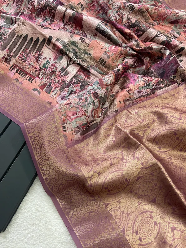 Mugal_Wine_–_Mughal_Inspired_Diwali_Special_|_Soft_Tussar_Silk_Weaving_Saree_with_Print,_Weaving_Border_&_Rich_Zari_Weaving_Pallu