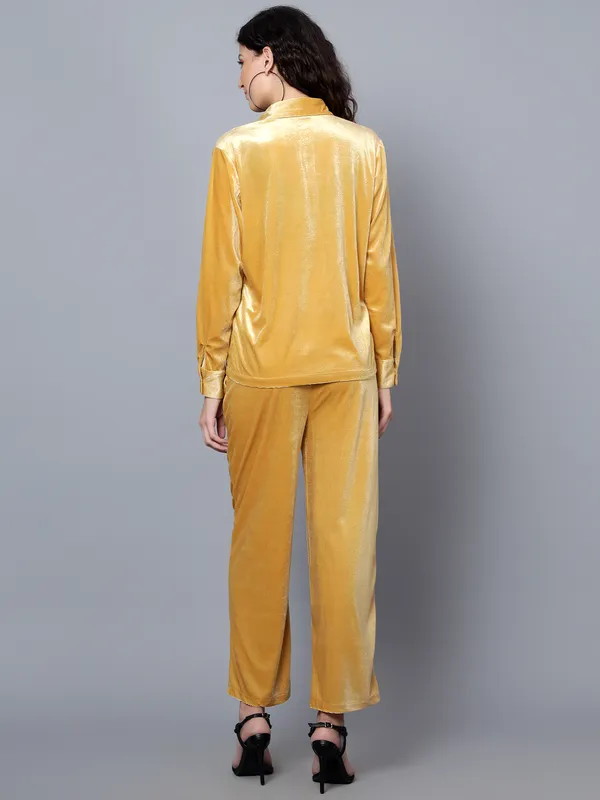 Gold_Velvet_Collared_Shirt_&_Pant_Co-ords_Set_For_Women