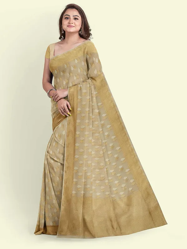 Beige_Cotton_Blend_Banarasi_Sarees_For_Women