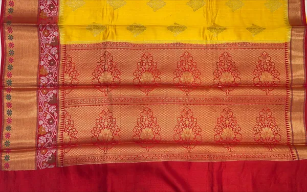 Humairah_Pure_Handloom_Yellow_Chiniya_Silk_Golden_Floral_Zari_Booti_Contrast_Maroon_Skirt_Silver_Mina_Zari_Dual_Border_and_Maroon_Floral_Boota_Pallu_with_Maroon_Blouse