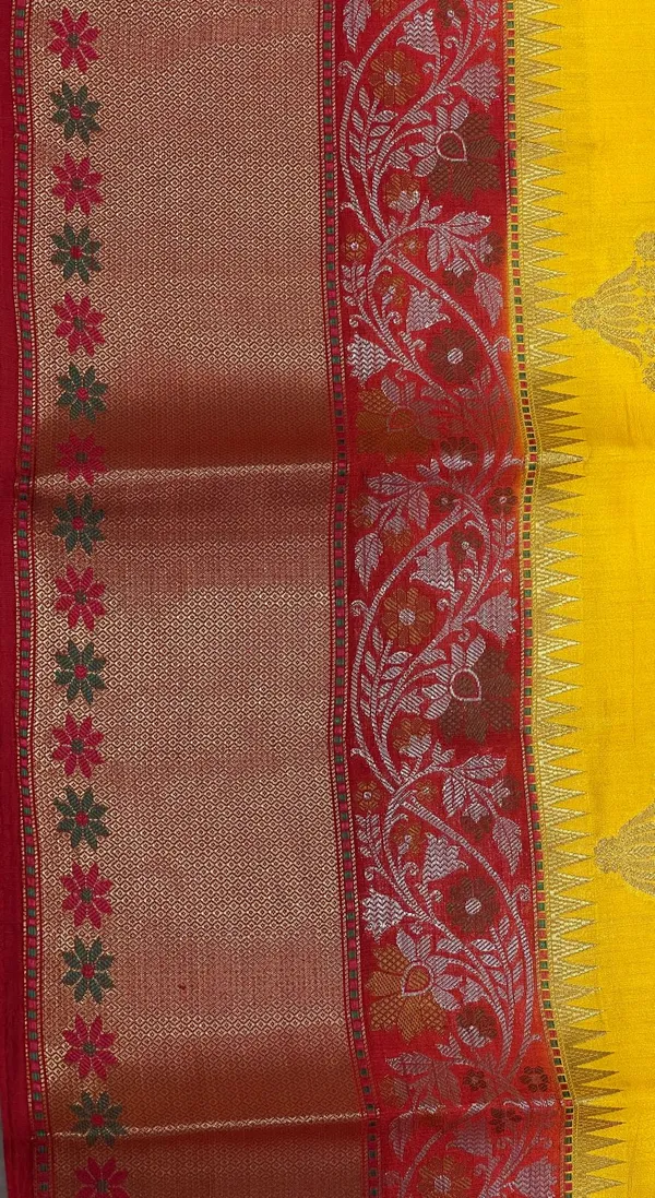 Humairah_Pure_Handloom_Yellow_Chiniya_Silk_Golden_Floral_Zari_Booti_Contrast_Maroon_Skirt_Silver_Mina_Zari_Dual_Border_and_Maroon_Floral_Boota_Pallu_with_Maroon_Blouse