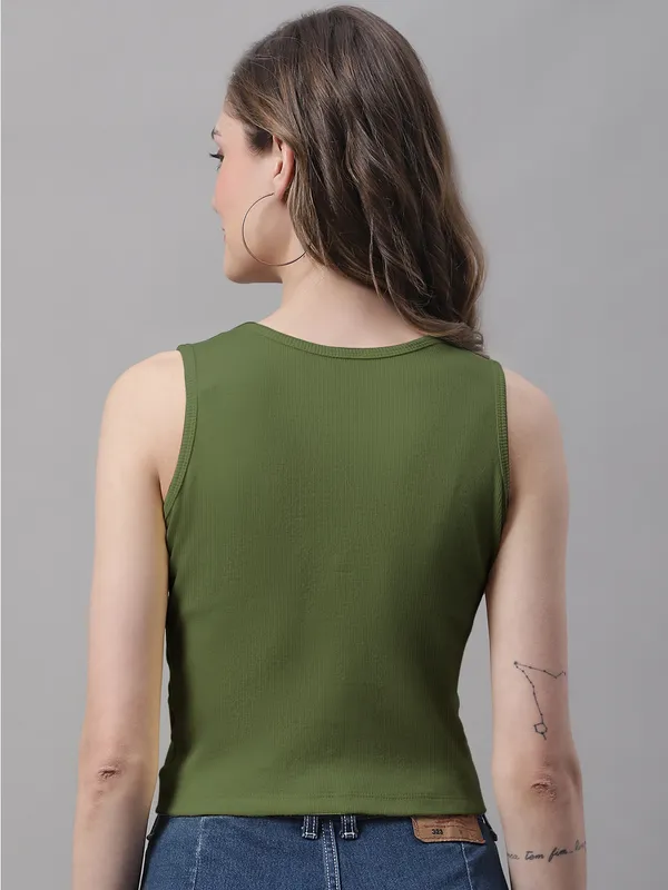 Olive_Cotton_Rib_Round_Neck_Sleeveless_Knot_Top_For_Women