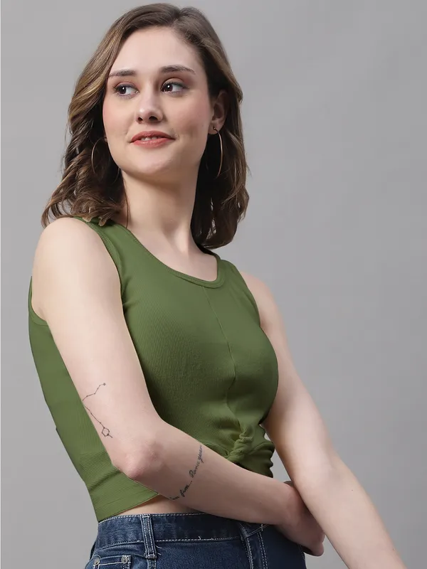 Olive_Cotton_Rib_Round_Neck_Sleeveless_Knot_Top_For_Women