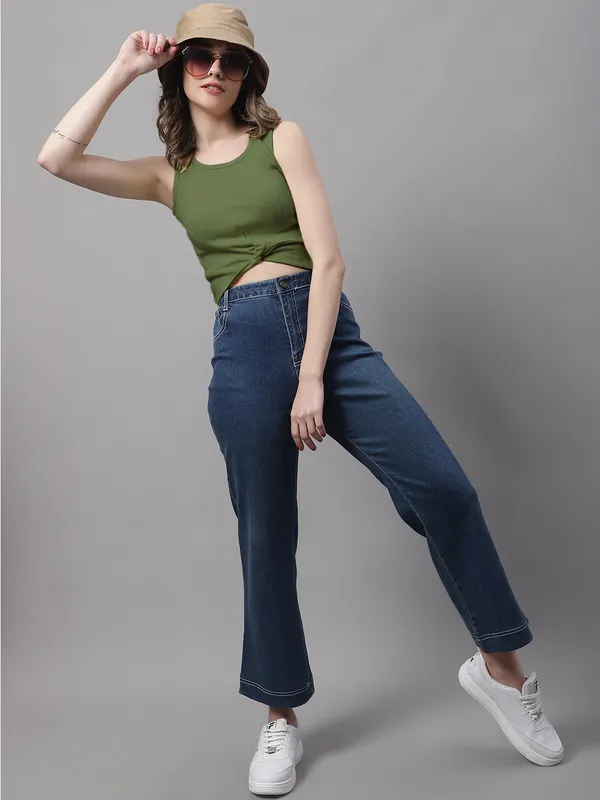 Olive_Cotton_Rib_Round_Neck_Sleeveless_Knot_Top_For_Women
