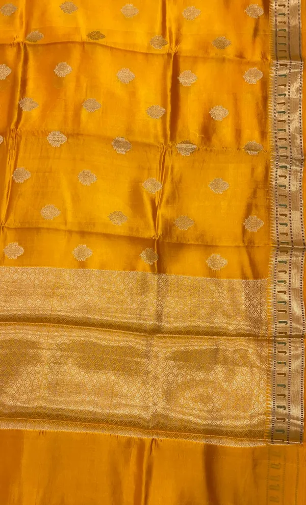 Humairah_Pure_Handloom_Mustard_Yellow_Dupion_Silk_Golden_Zari_Booti_with_Skirt_Paithani_Zari_Border_and_Mustard_Yellow_Blouse