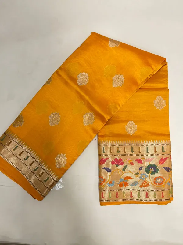Humairah_Pure_Handloom_Mustard_Yellow_Dupion_Silk_Golden_Zari_Booti_with_Skirt_Paithani_Zari_Border_and_Mustard_Yellow_Blouse