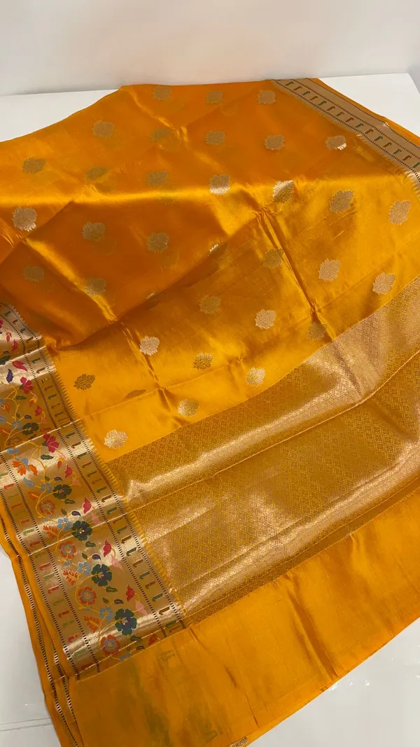 Humairah_Pure_Handloom_Mustard_Yellow_Dupion_Silk_Golden_Zari_Booti_with_Skirt_Paithani_Zari_Border_and_Mustard_Yellow_Blouse
