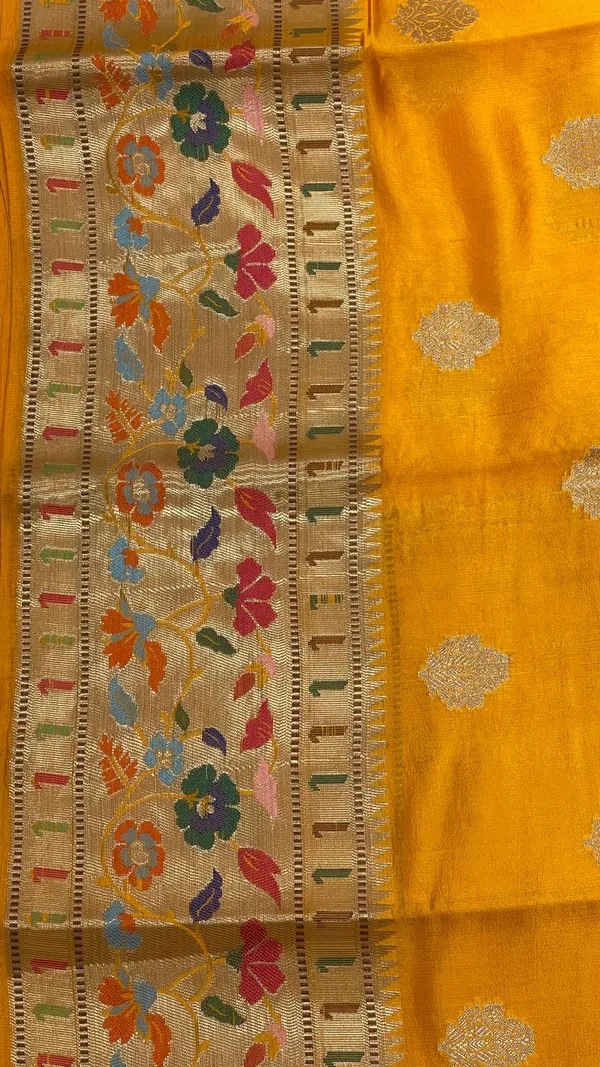 Humairah_Pure_Handloom_Mustard_Yellow_Dupion_Silk_Golden_Zari_Booti_with_Skirt_Paithani_Zari_Border_and_Mustard_Yellow_Blouse