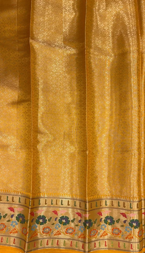 Humairah_Pure_Handloom_Mustard_Yellow_Dupion_Silk_Golden_Zari_Booti_with_Skirt_Paithani_Zari_Border_and_Mustard_Yellow_Blouse
