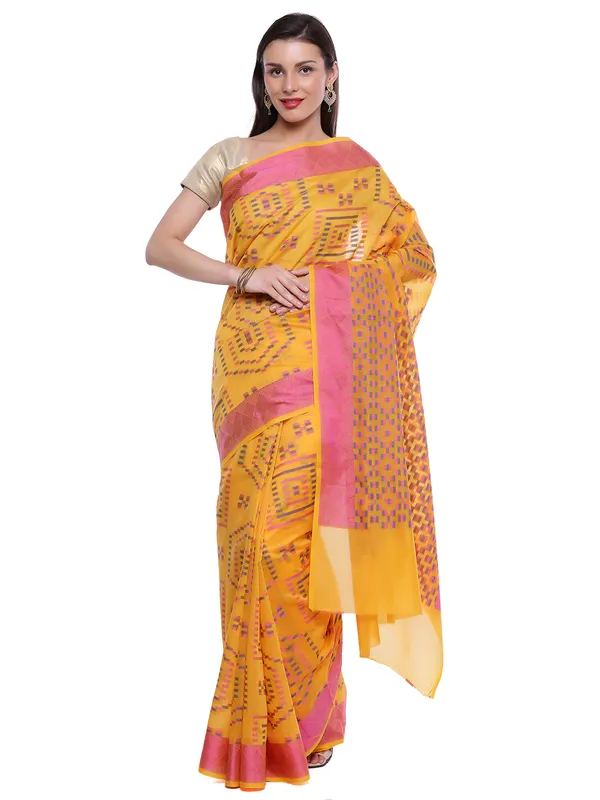 Yellow_Cotton_Blend_Banarasi_Sarees_For_Women