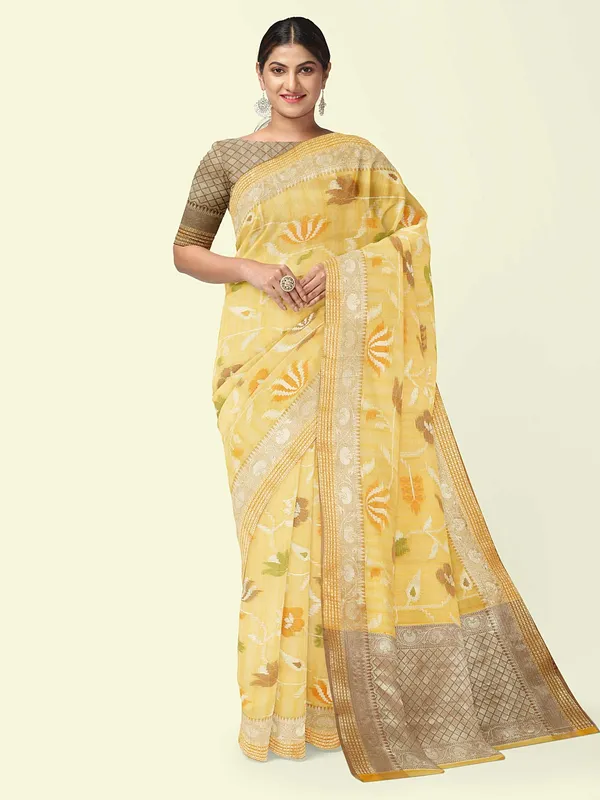 Yellow_Mulberry_Silk/Silk_Blend_Banarasi_Sarees_For_Women