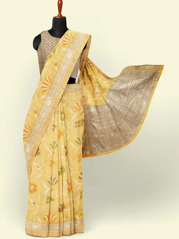 Yellow_Mulberry_Silk/Silk_Blend_Banarasi_Sarees_For_Women