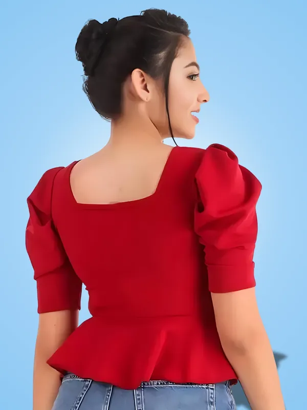 Red_Polyester_Party_Wear_Solid_Puff_Sleeve_Western_Tops