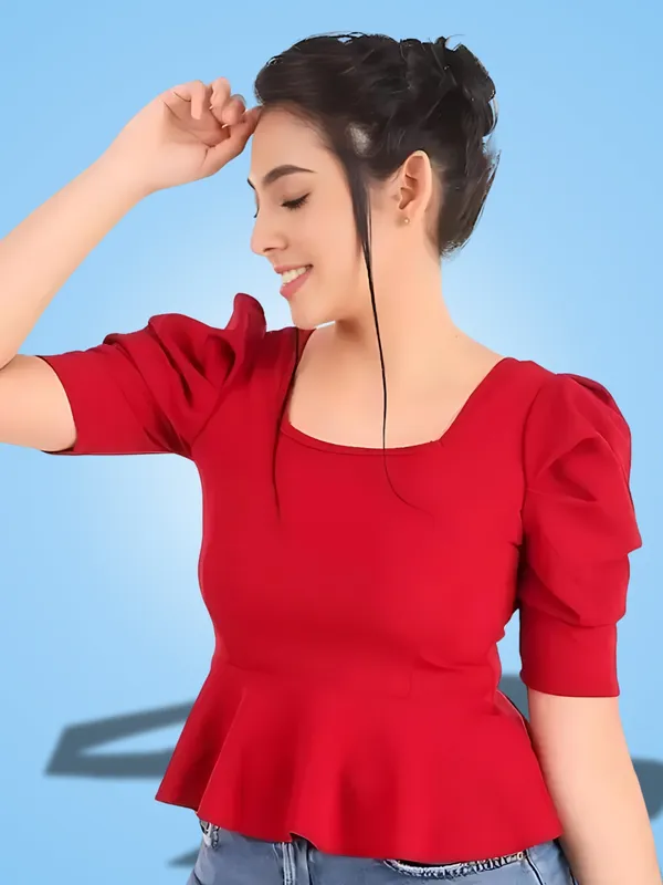 Red_Polyester_Party_Wear_Solid_Puff_Sleeve_Western_Tops
