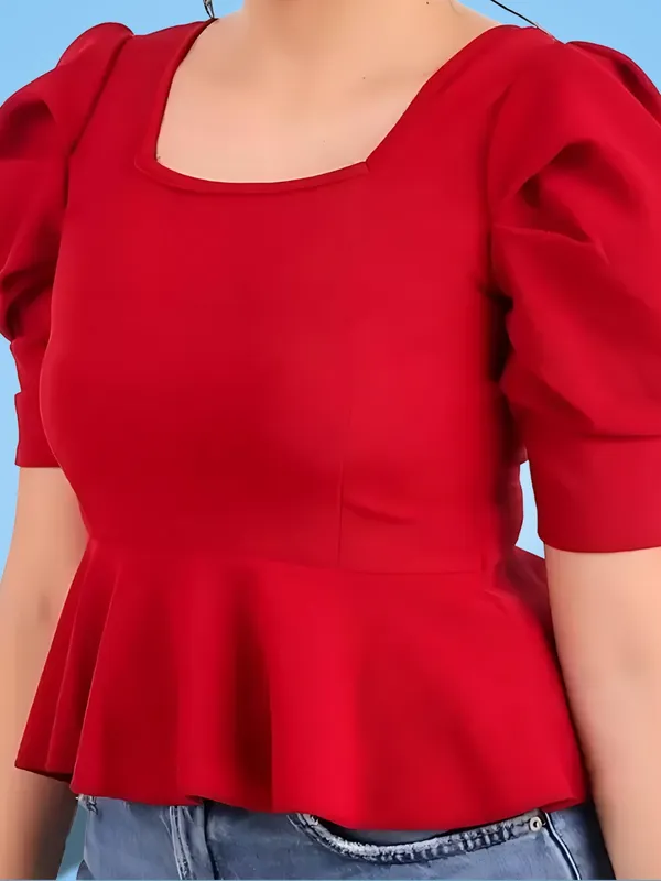 Red_Polyester_Party_Wear_Solid_Puff_Sleeve_Western_Tops