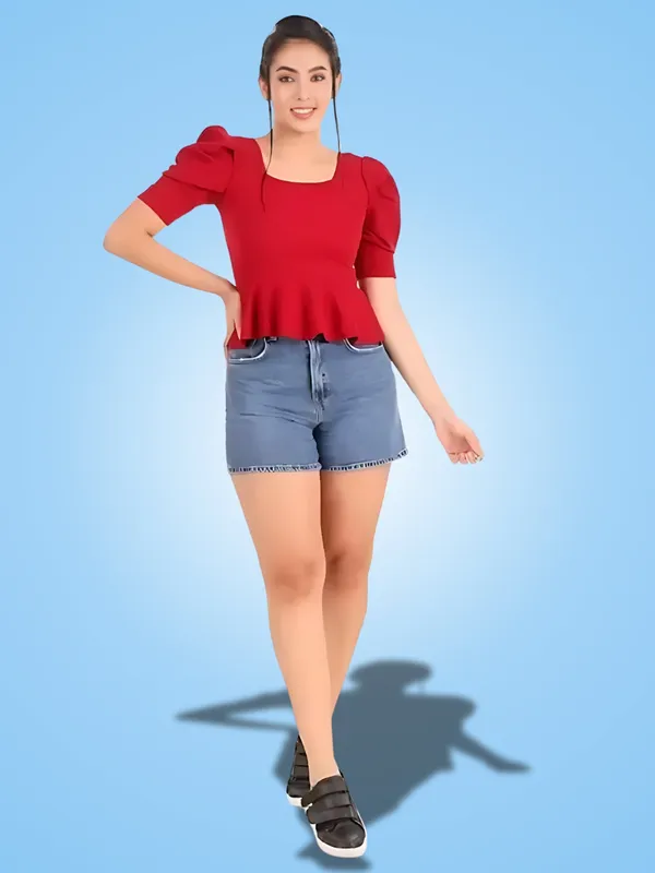Red_Polyester_Party_Wear_Solid_Puff_Sleeve_Western_Tops
