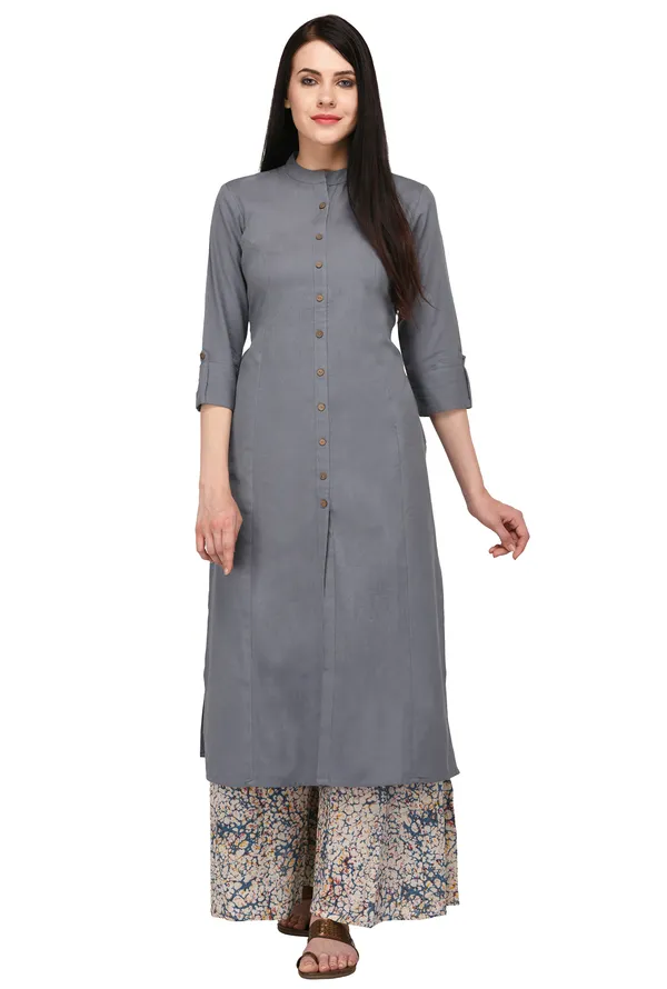 Grey_Cotton_Solid_Kurta_With_Printed_Flair_Palazzo_Bottom_Set