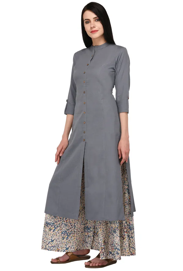 Grey_Cotton_Solid_Kurta_With_Printed_Flair_Palazzo_Bottom_Set